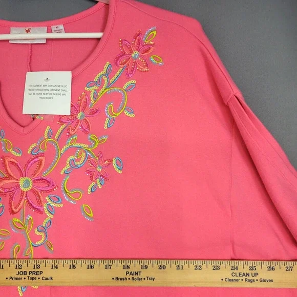 Quaker Factory Kraftan Dress Womens XL Pink Embroidered Sequin Floral Tunic New - Picture 6 of 13
